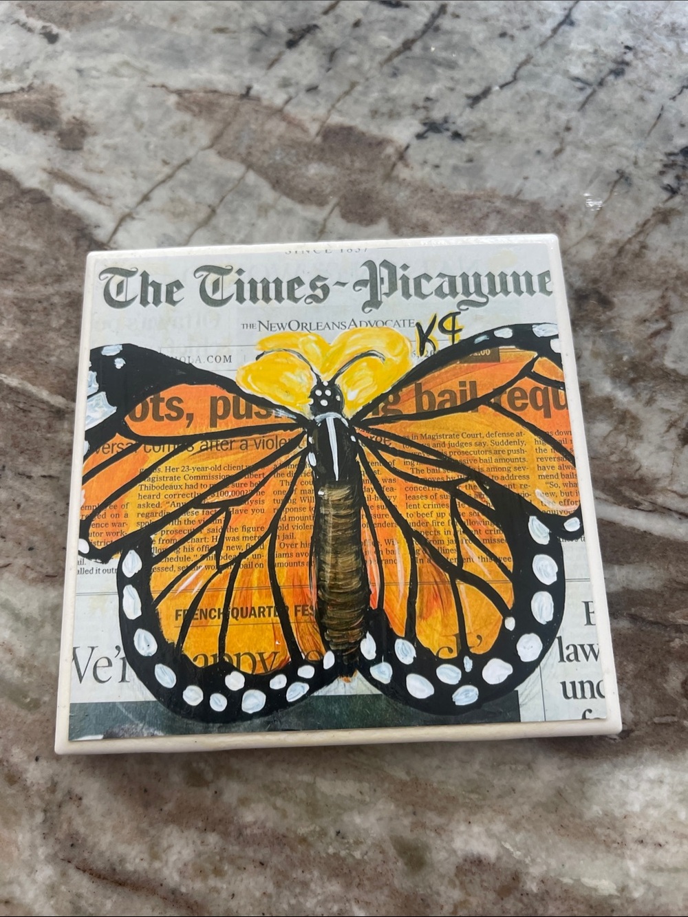 Monarch Butterfly Mixed Media Tile Art - Orange & Black
